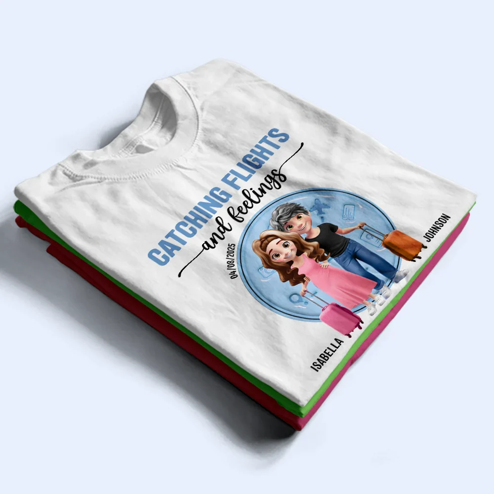 Catching Flights And Feelings Travel Couple 3D Effect - Personalized T Shirt - Image 2