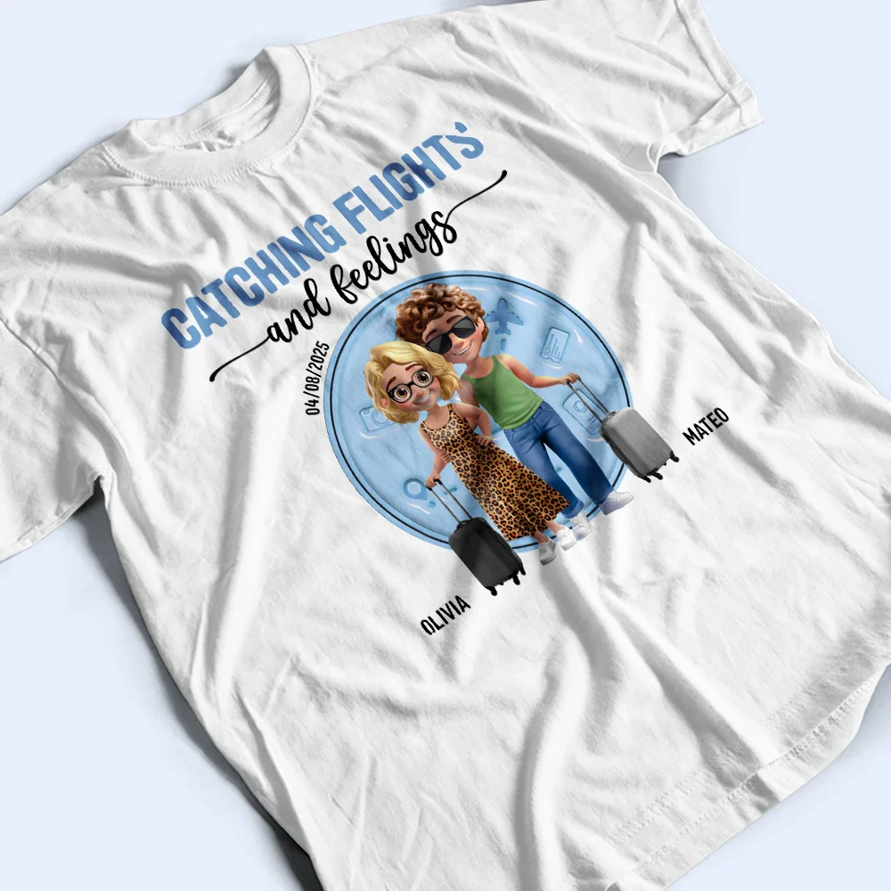 Catching Flights And Feelings Travel Couple 3D Effect - Personalized T Shirt - Image 3