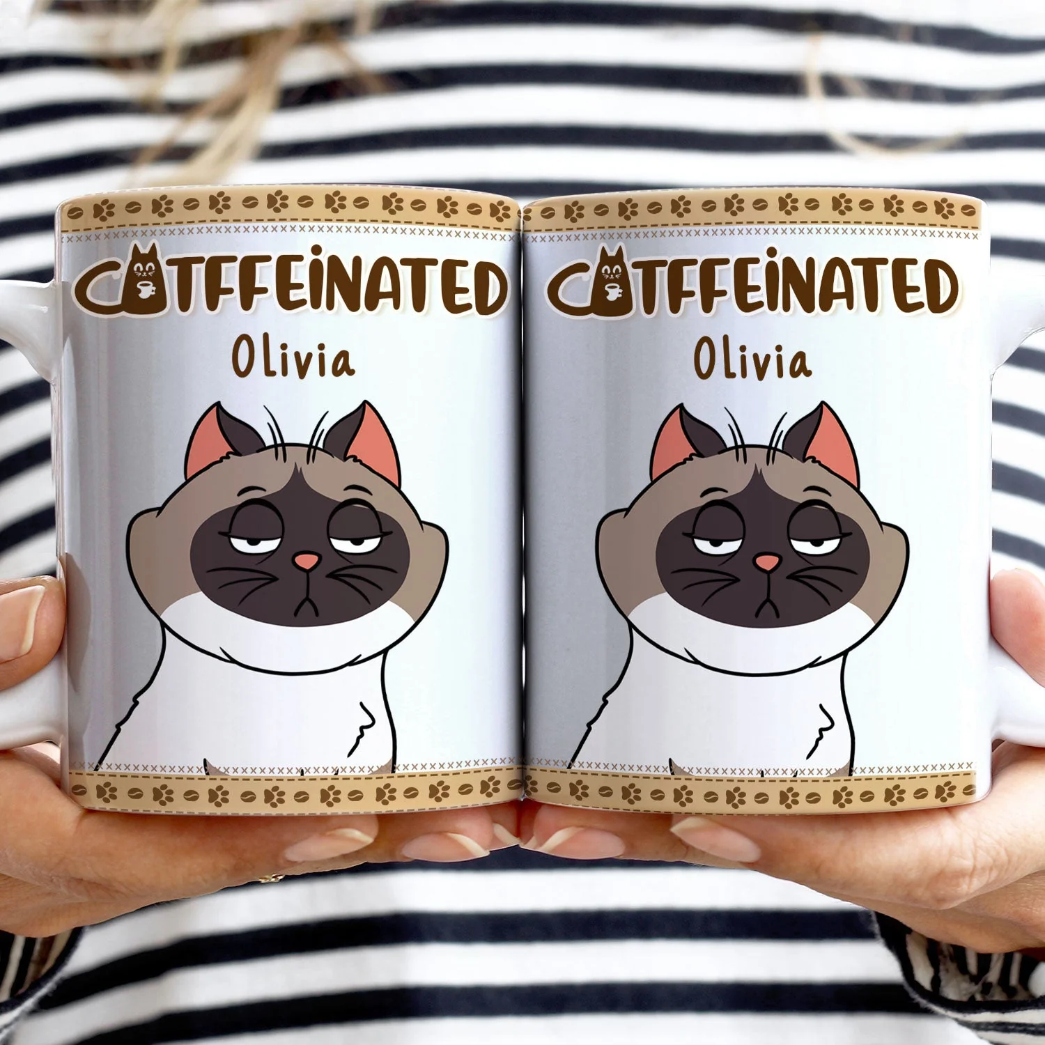 Catffeinated Funny Cartoon Cats - Gift For Cat Lovers, Cat Mom, Cat Dad - Personalized White Edge-to-Edge Mug - Image 2