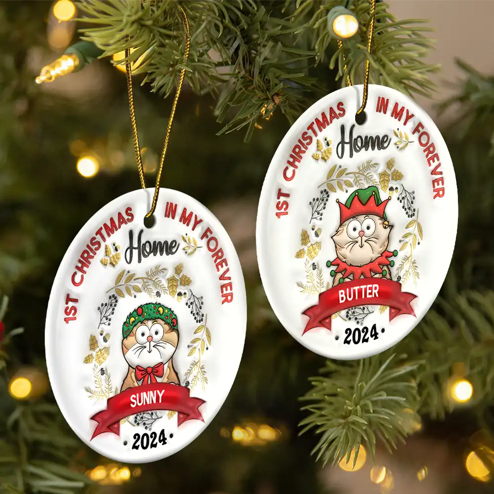 Cat's First Christmas - 3D Inflated Effect Printed Ornament, Personalized Circle Ceramic Ornament - Image 2
