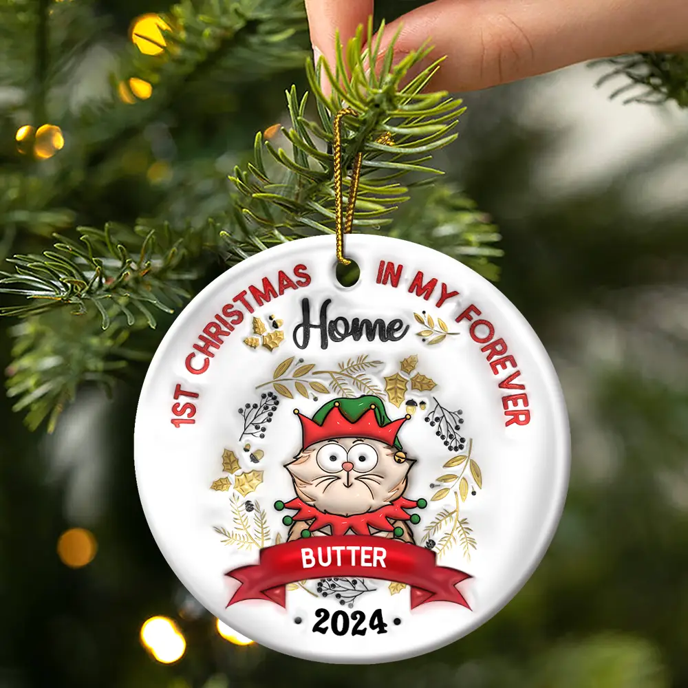 Cat's First Christmas - 3D Inflated Effect Printed Ornament, Personalized Circle Ceramic Ornament - Image 3
