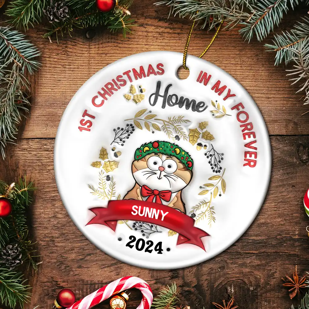 Cat's First Christmas - 3D Inflated Effect Printed Ornament, Personalized Circle Ceramic Ornament - Image 5