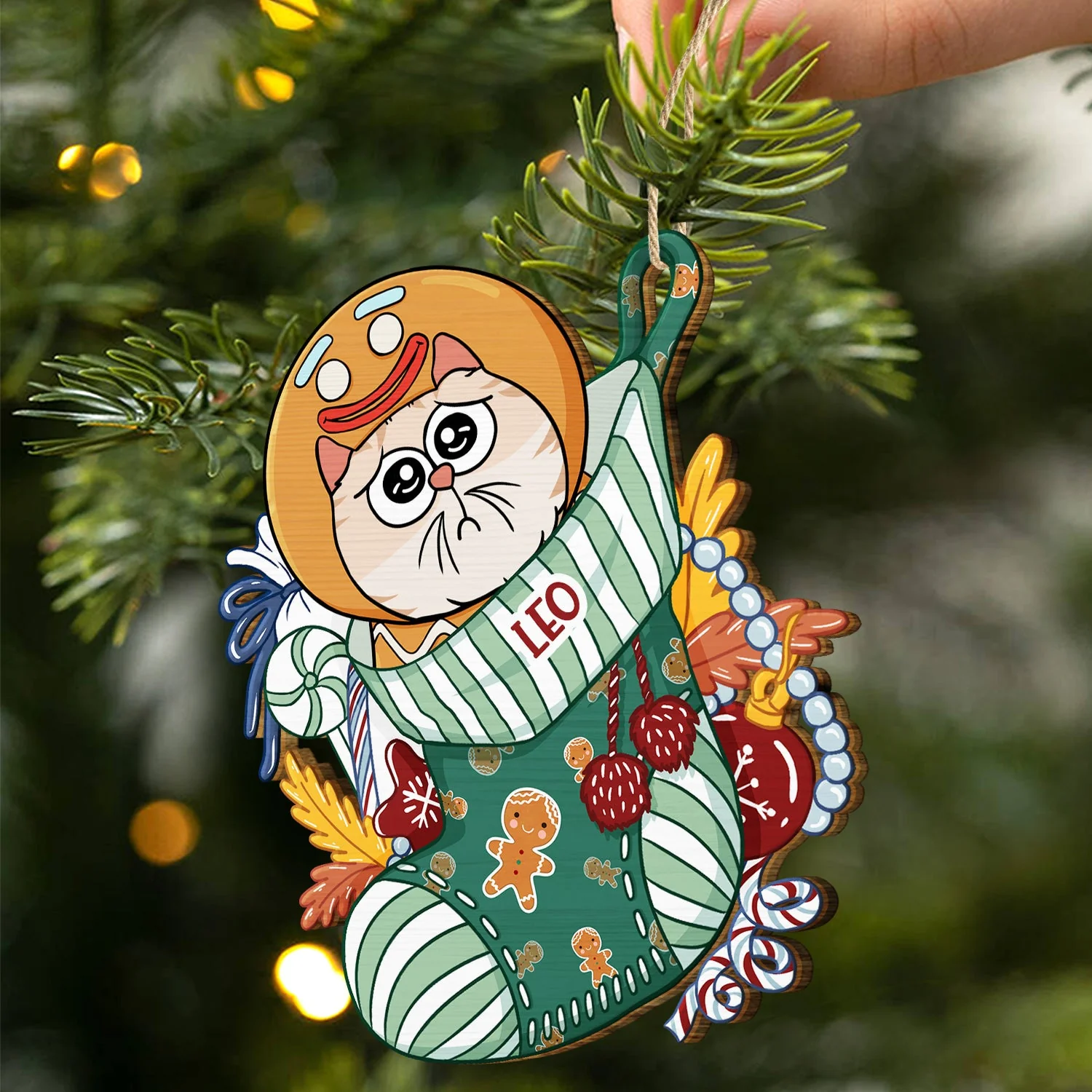 Cats In Stocking Xmas Pattern - Christmas Gift For Cat Lovers - Personalized Wooden Cutout Ornament - Image 2