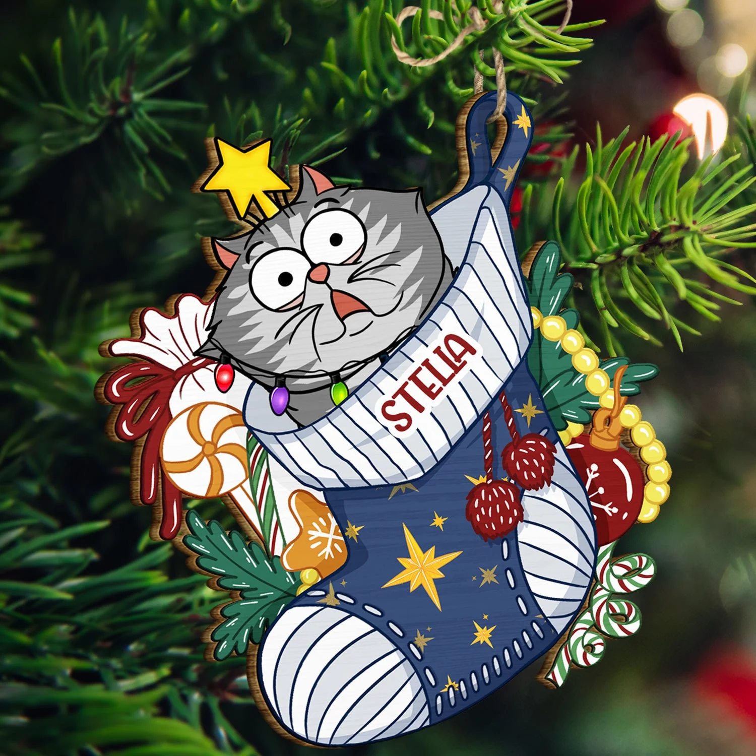 Cats In Stocking Xmas Pattern - Christmas Gift For Cat Lovers - Personalized Wooden Cutout Ornament - Image 3
