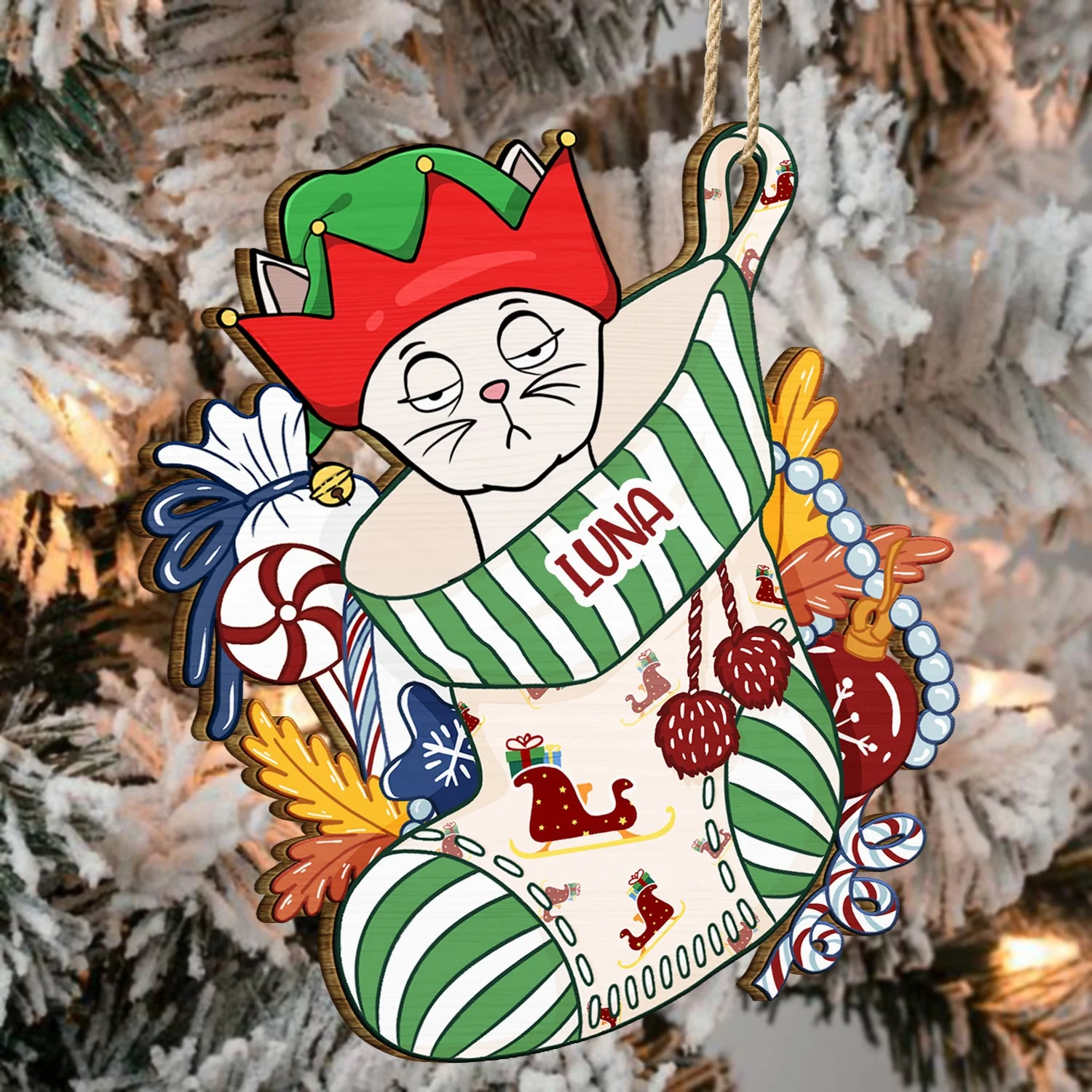 Cats In Stocking Xmas Pattern - Christmas Gift For Cat Lovers - Personalized Wooden Cutout Ornament - Image 4