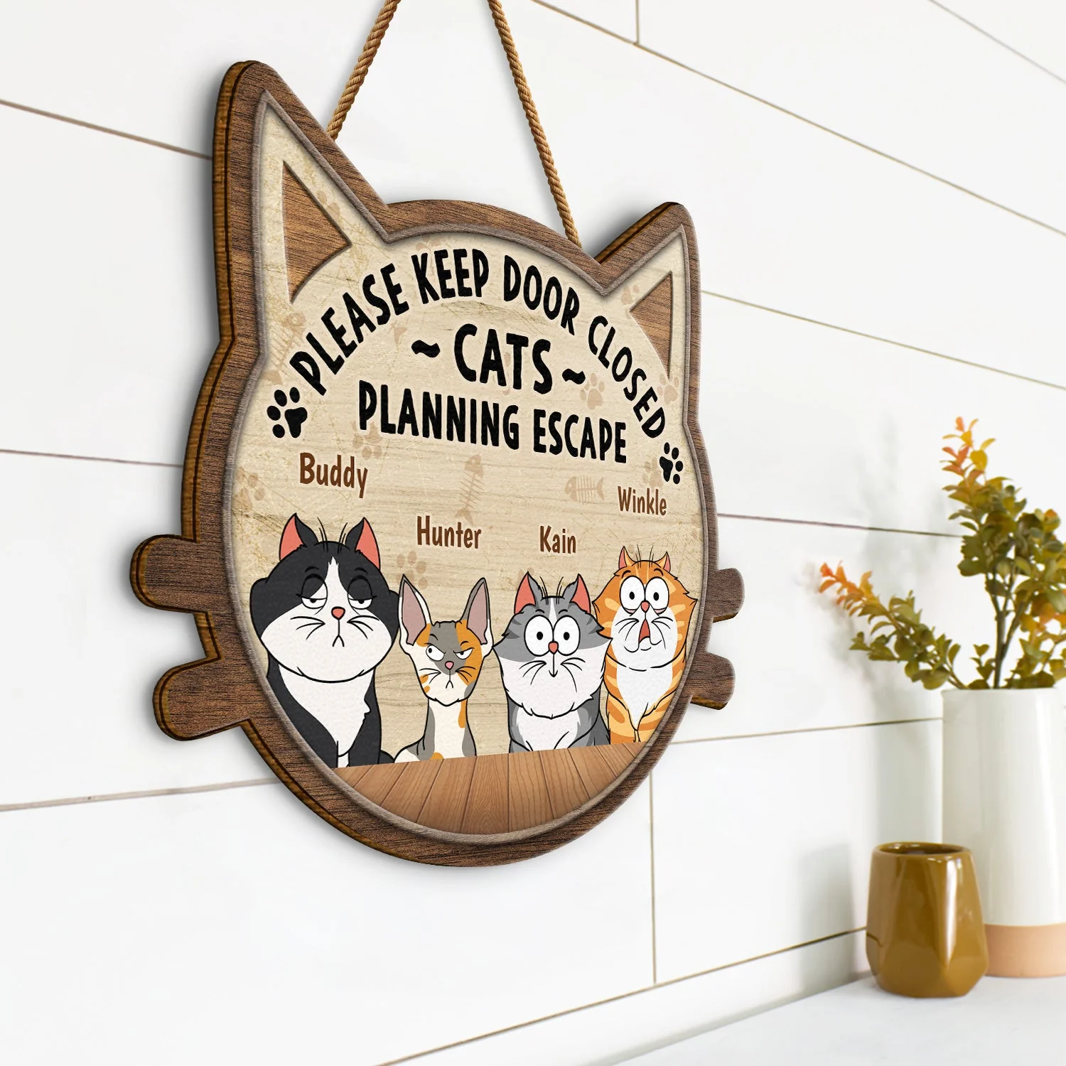 Cats Planning Escape - Gift For Cat Lovers - Personalized Custom Shaped Wood Sign - Image 2