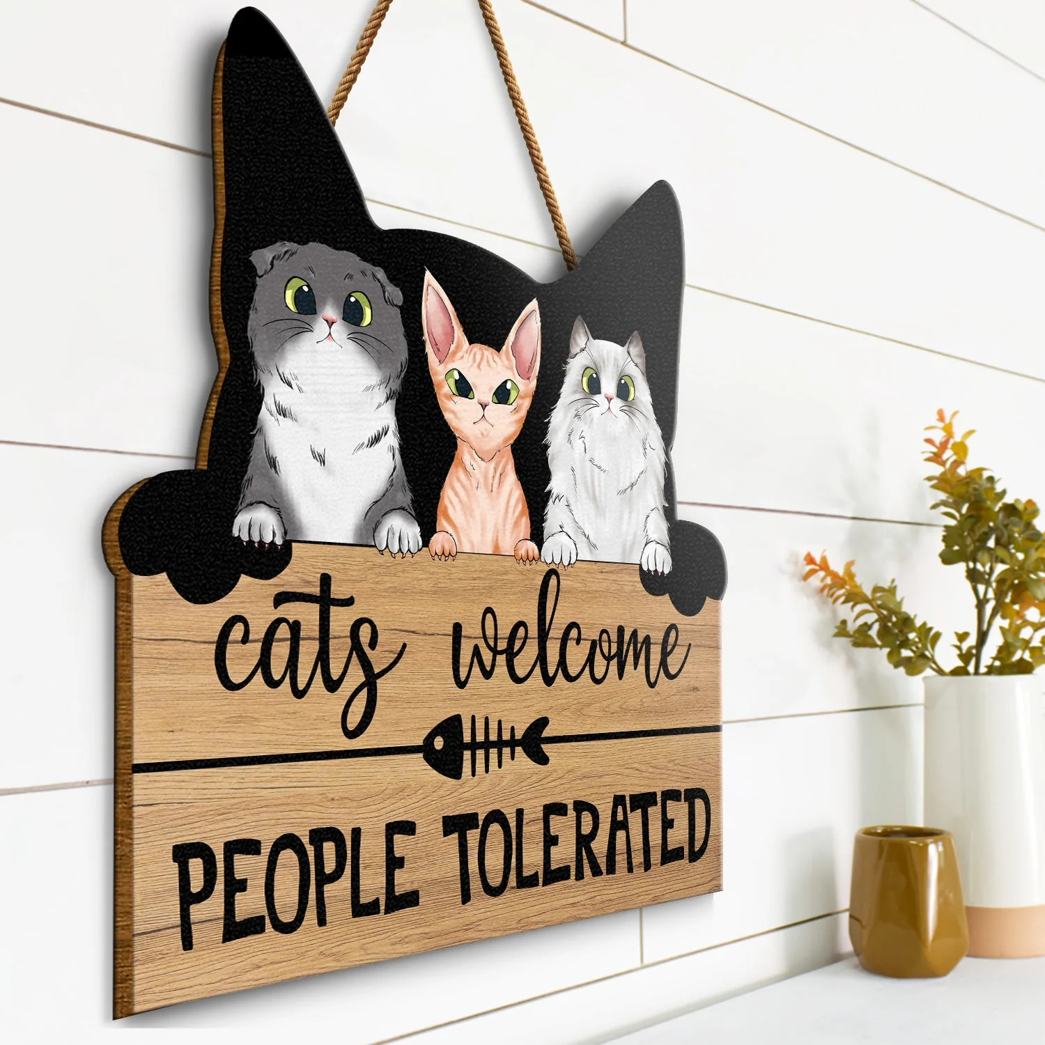 Cats Welcome People Tolerated - Home Decor, Housewarming Gift For Cat Lovers - Personalized Custom Shaped Wood Sign - Image 2