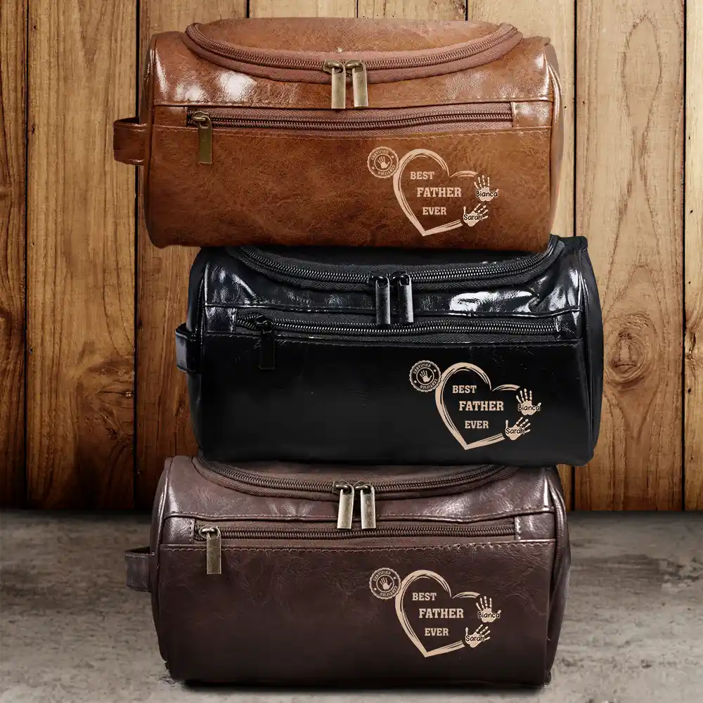 Certified Best Grandpa Dad Ever - Personalized Leather Toiletry Bag - Image 2