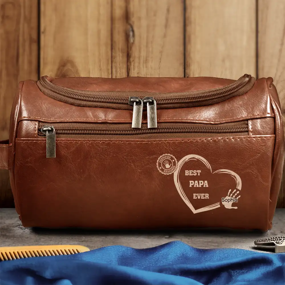 Certified Best Grandpa Dad Ever - Personalized Leather Toiletry Bag - Image 3