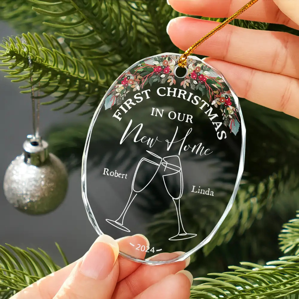 Champagne Cheer First Christmas Couple - Personalized Oval Glass Ornament - Image 3