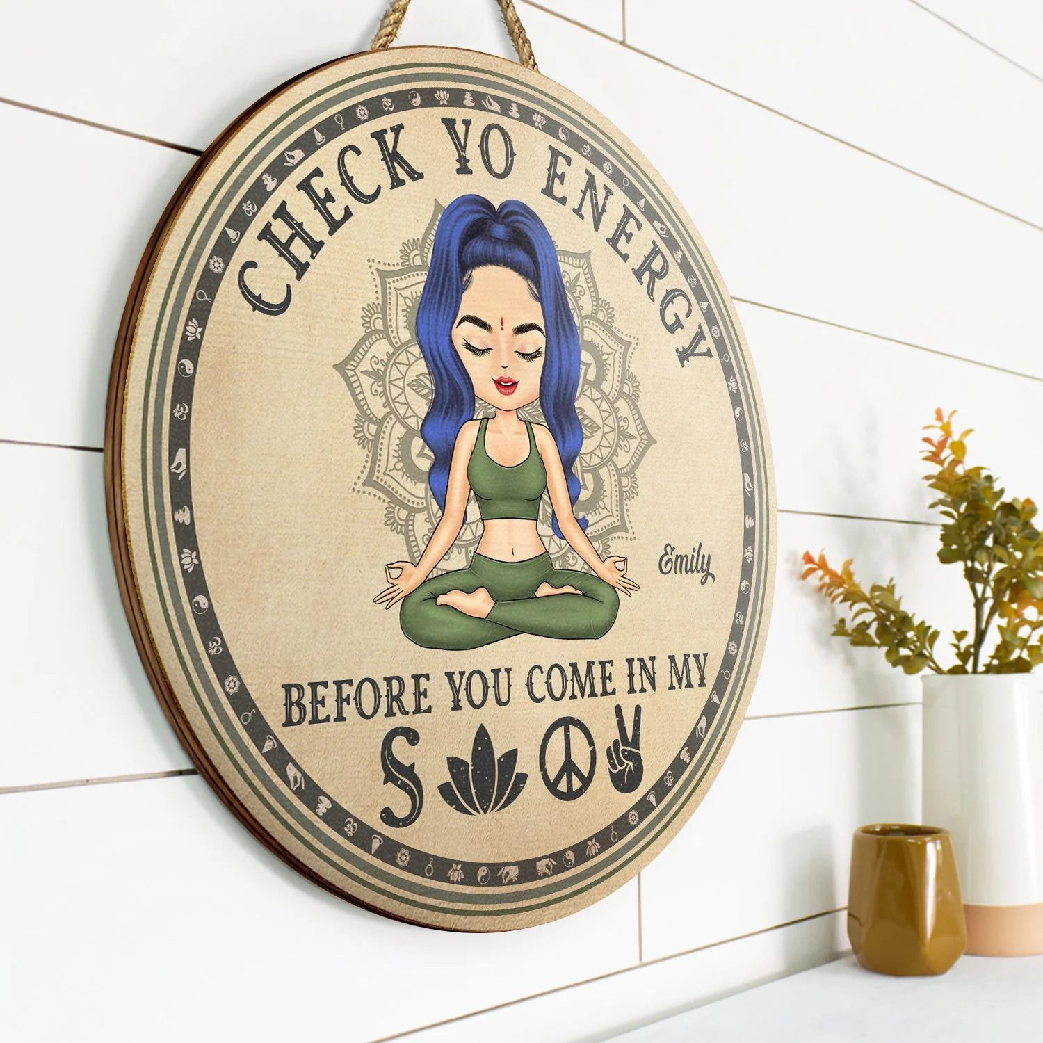 Check Yo Energy Before You Come In - Home Decor, Gift For Yoga Lovers - Personalized Wood Circle Sign - Image 2