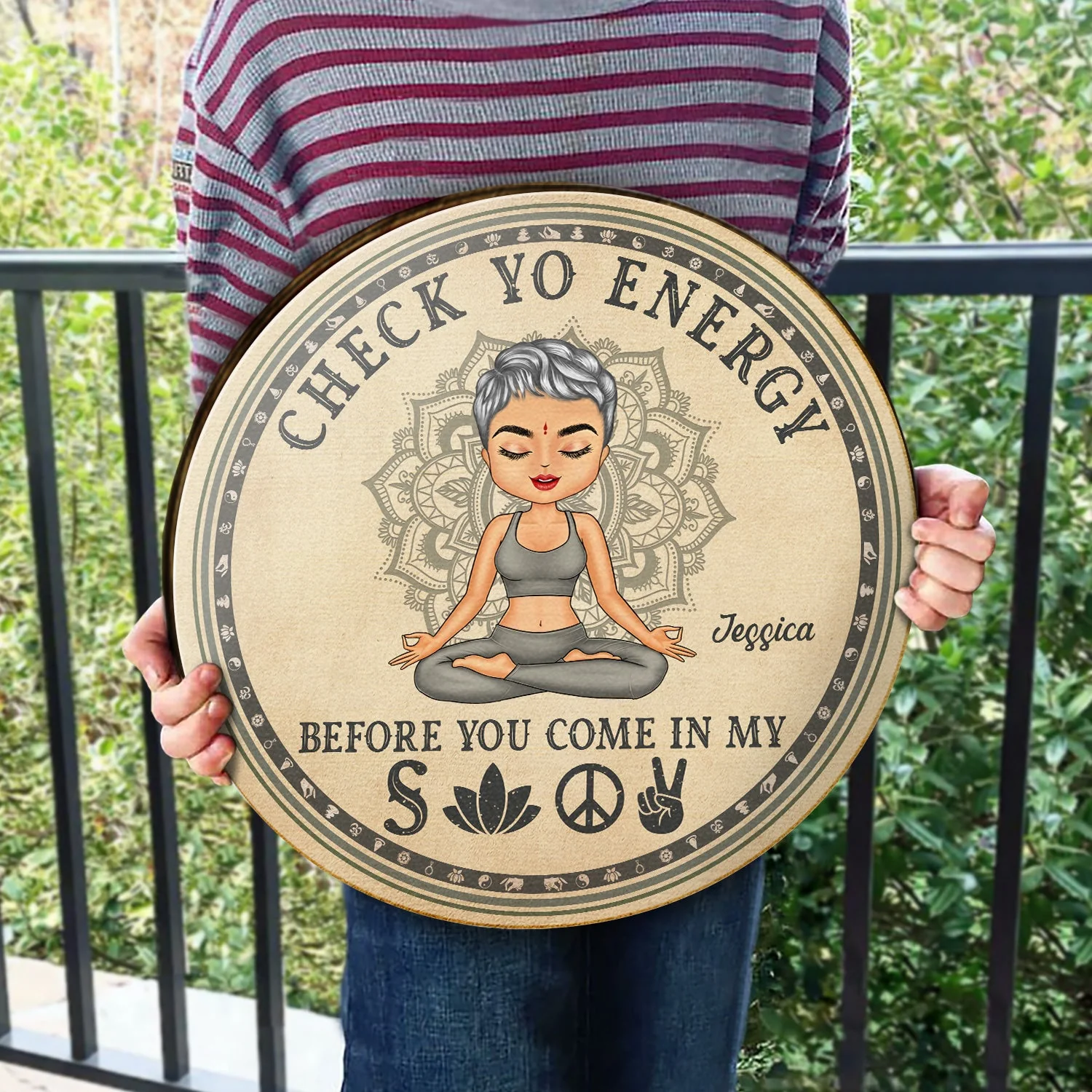 Check Yo Energy Before You Come In - Home Decor, Gift For Yoga Lovers - Personalized Wood Circle Sign - Image 3