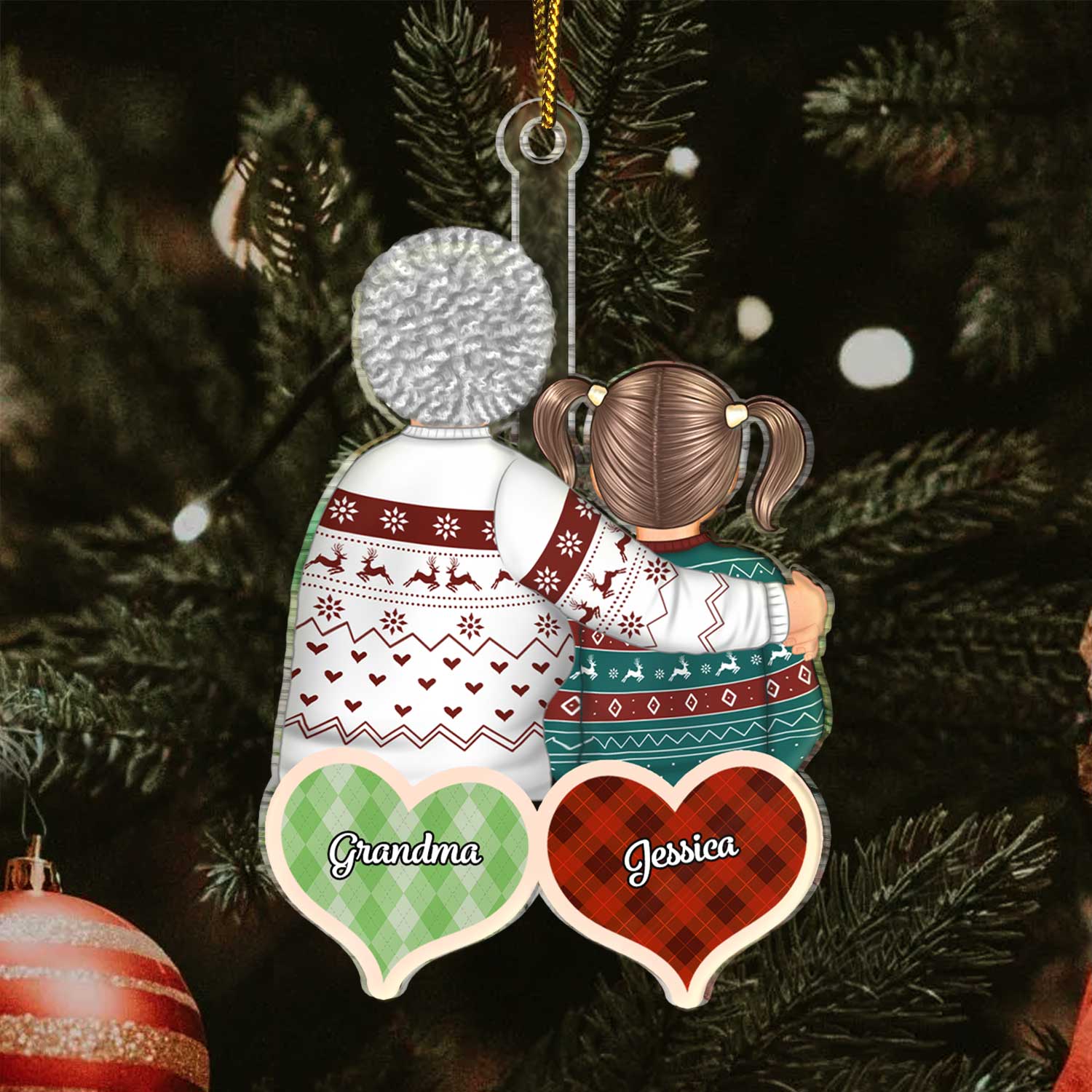 Checkered Pattern Hearts - Christmas Gift For Mom, Grandma, Daughter, Son, Grandkid - Personalized Cutout Acrylic Ornament - Image 3