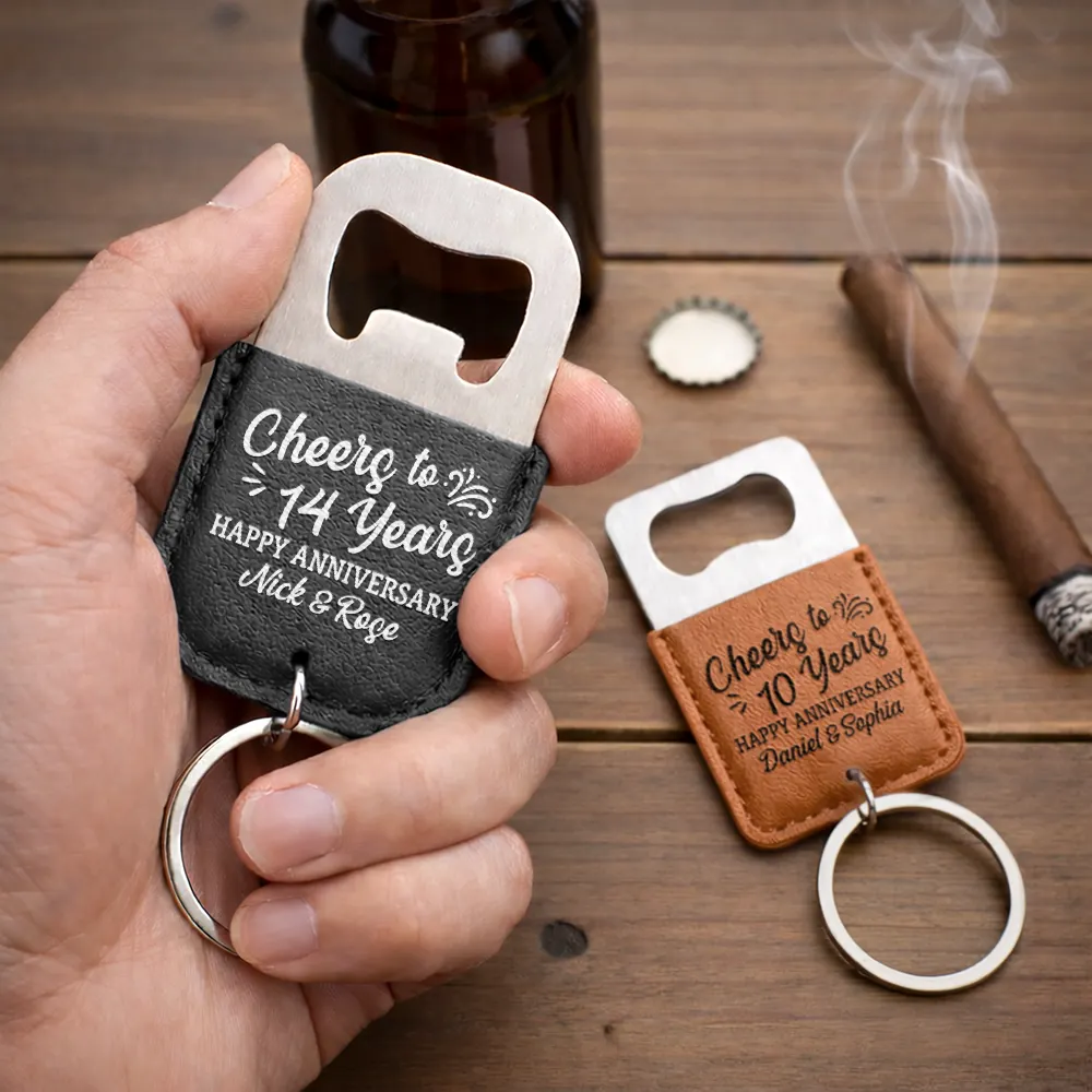 Cheers To Our Anniversary - Personalized Leather Bottle Opener Keychain - Image 2