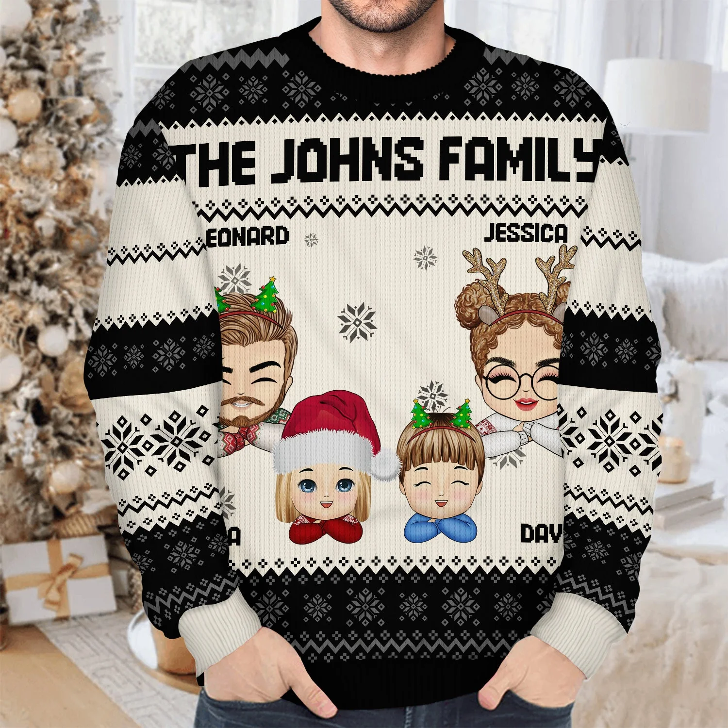 Chibi - Christmas, Funny Gift For Family, Couple, Dad, Mom, Grandpa, Grandma - Personalized Unisex Ugly Sweater - Image 4
