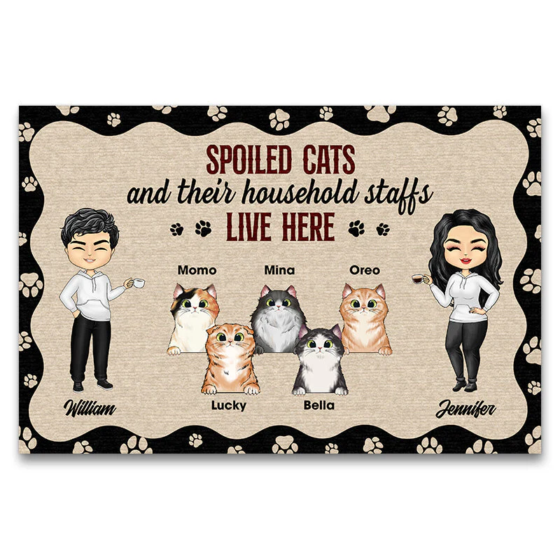 Chibi Couple And Spoiled Cats Live Here - Cat Lover Gift - Personalized Custom Doormat