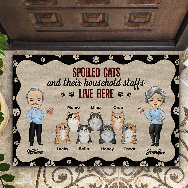 Chibi Couple And Spoiled Cats Live Here - Cat Lover Gift - Personalized Custom Doormat - Image 2