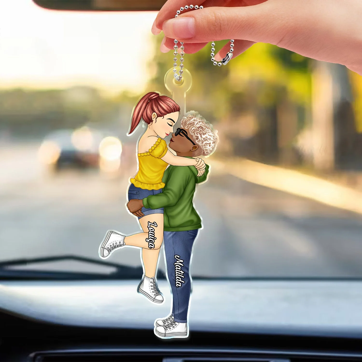 Chibi Couple Kissing - Anniversary Gift For Couples - Personalized Acrylic Car Hanger - Image 3