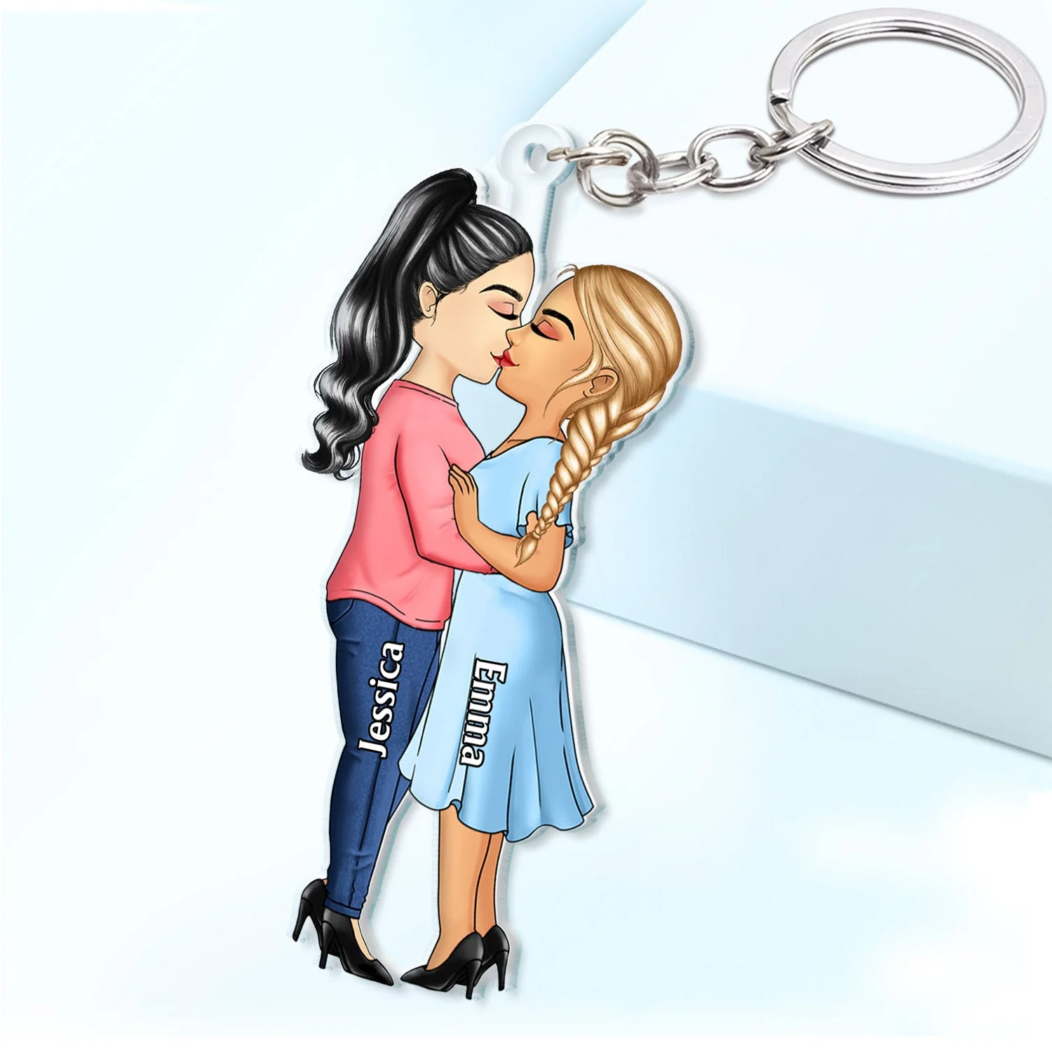 Chibi Couple Kissing - Anniversary Gift For Couples - Personalized Cutout Acrylic Keychain - Image 2