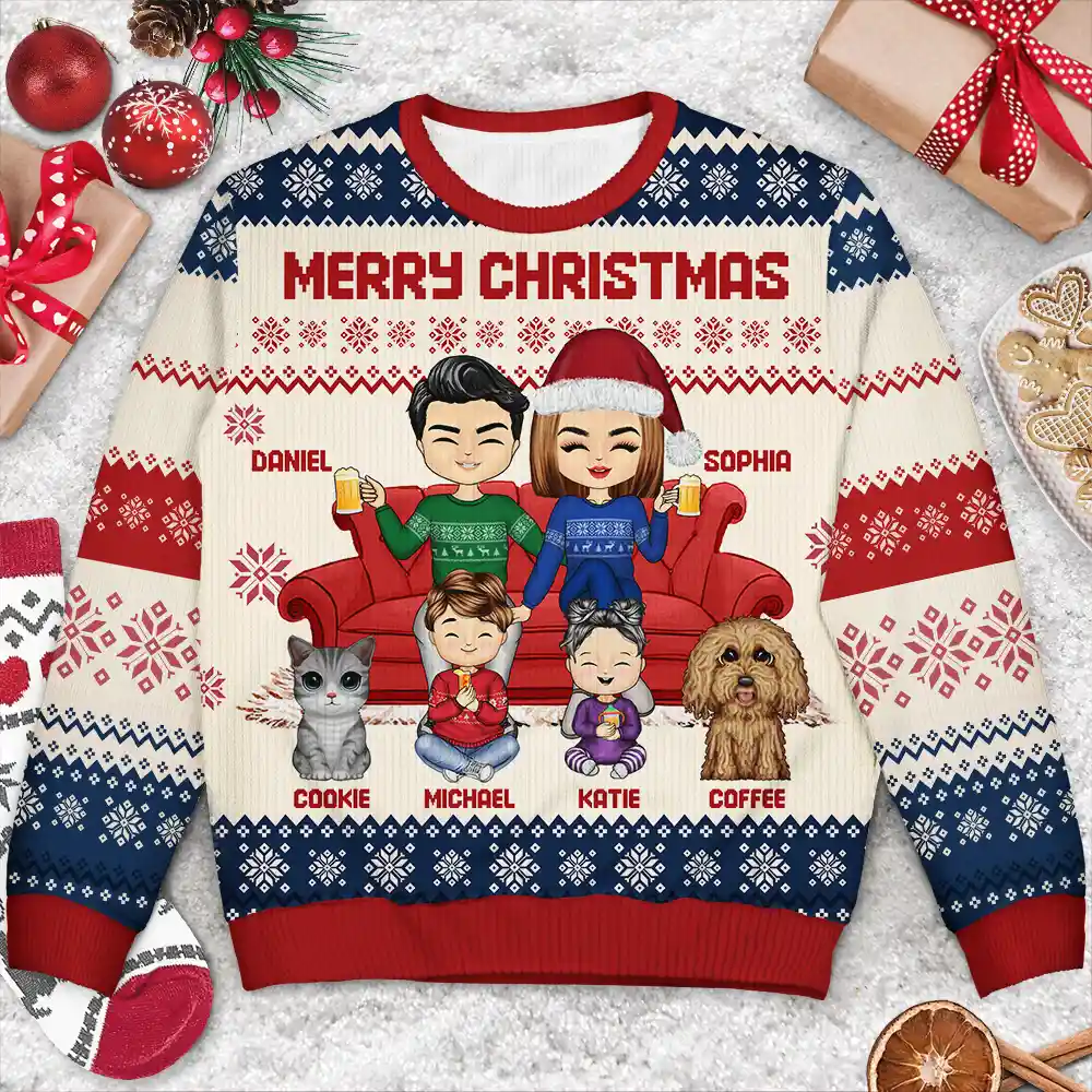 Chibi Couple With Kids And Pets - Personalized Unisex Ugly Sweater - Image 3