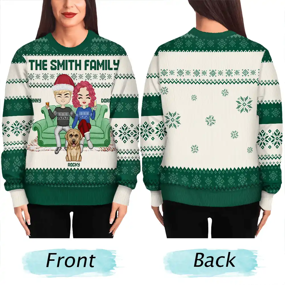 Chibi Couple With Kids And Pets - Personalized Unisex Ugly Sweater - Image 5