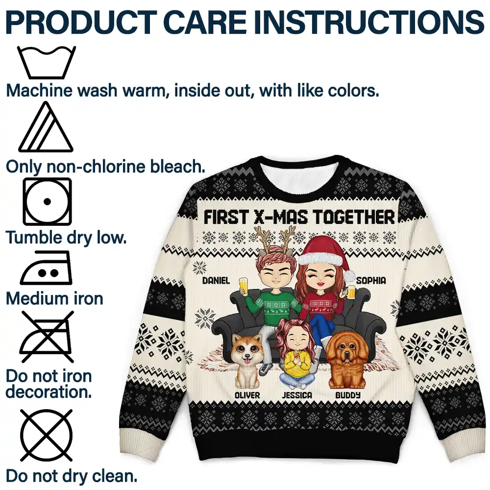 Chibi Couple With Kids And Pets - Personalized Unisex Ugly Sweater - Image 7