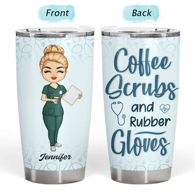 Chibi Girl Coffee Scrubs And Rubber Gloves - Gift For Nurse - Personalized Custom Tumbler - Image 3