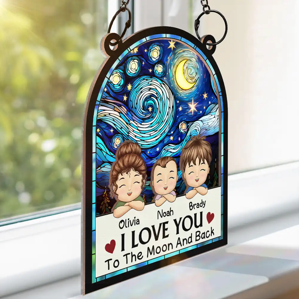 Chibi Grandkids Love You To The Moon And Back - Personalized Window Hanging Suncatcher Ornament - Image 3
