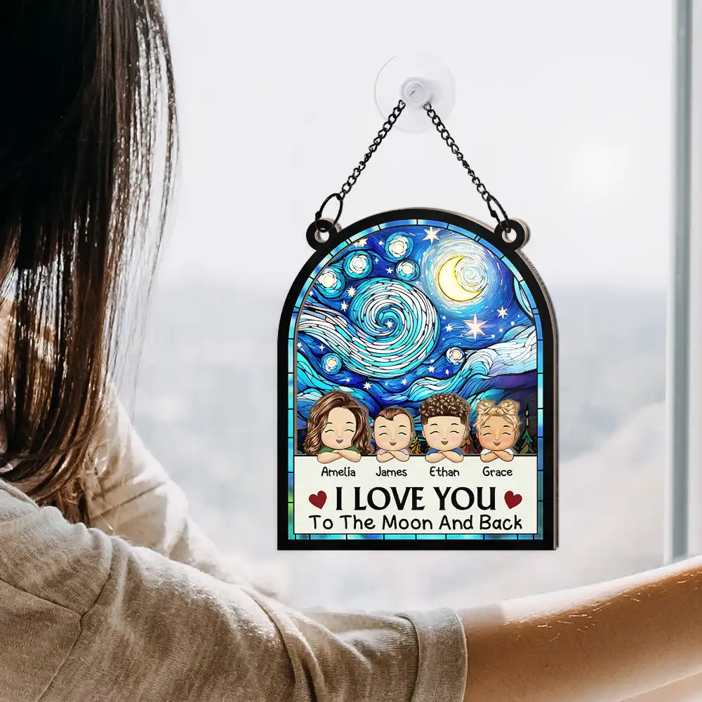 Chibi Grandkids Love You To The Moon And Back - Personalized Window Hanging Suncatcher Ornament - Image 4