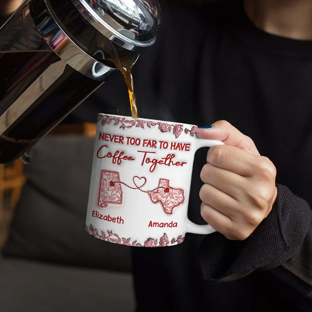 Chinoiserie Toile 3D Inflated Effect Never Too Far To Have Coffee Together - Personalized White Edge-to-Edge Mug - Image 4