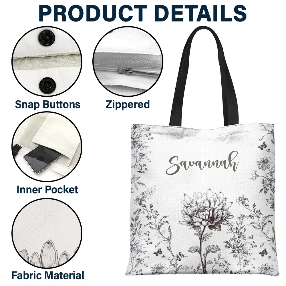 Chinoiserie Toile Art With Birth Month Flower - Personalized Tote Bag - Image 3