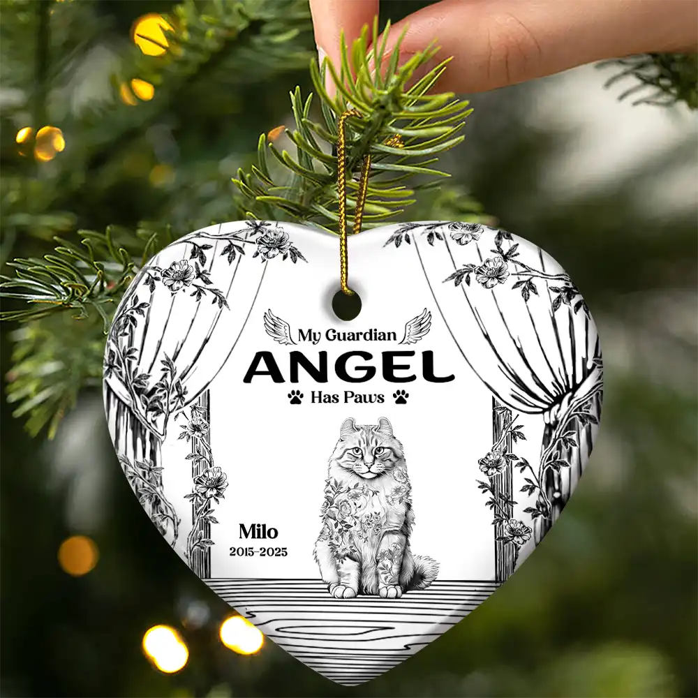 Chinoiserie Toile Cat Sitting On The Windowsill - Personalized Heart Ceramic Ornament - Image 3