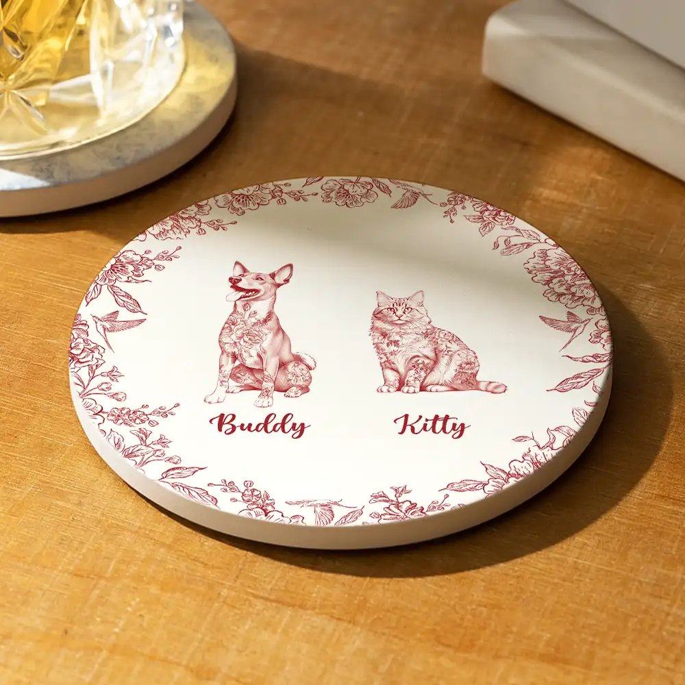 Chinoiserie Toile Dog Cat - Personalized Ceramic Coaster - Image 2
