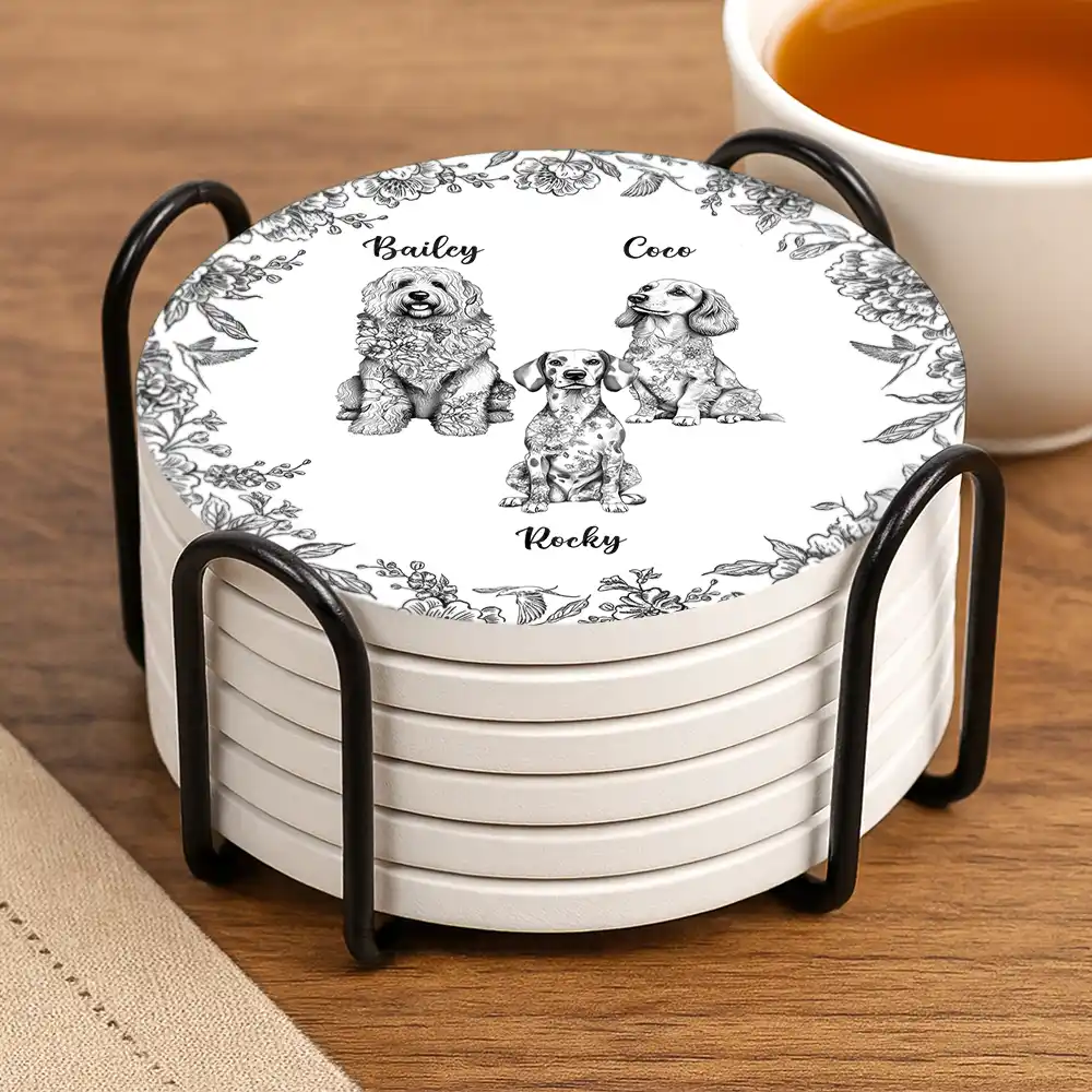 Chinoiserie Toile Dog Cat - Personalized Ceramic Coaster - Image 3