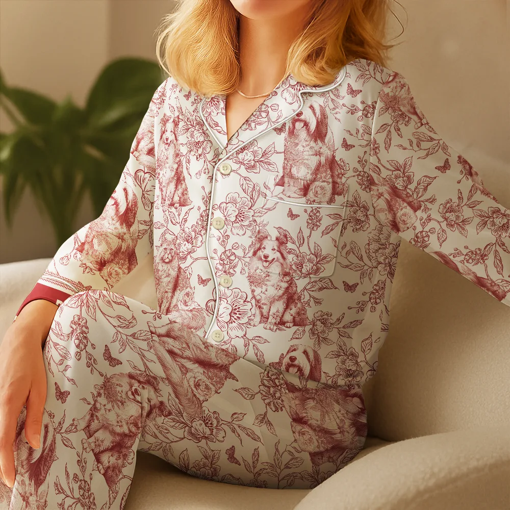 Chinoiserie Toile Dog Mom Cat Mom - Personalized Satin Pajama Set - Image 4