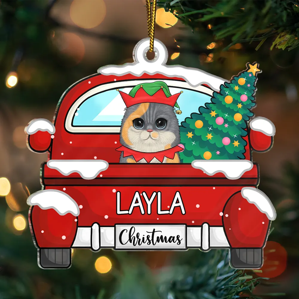 Chirstmas Dog Cat With Red Truck - Personalized Cutout Acrylic Ornament - Image 3