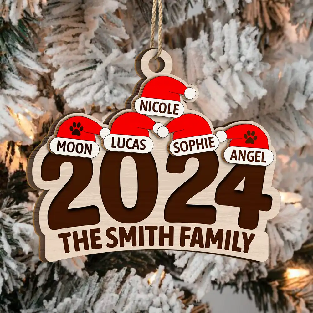 Chrismas Family Name Santa Hat 2024 - Personalized 2-Layered Wooden Ornament - Image 3