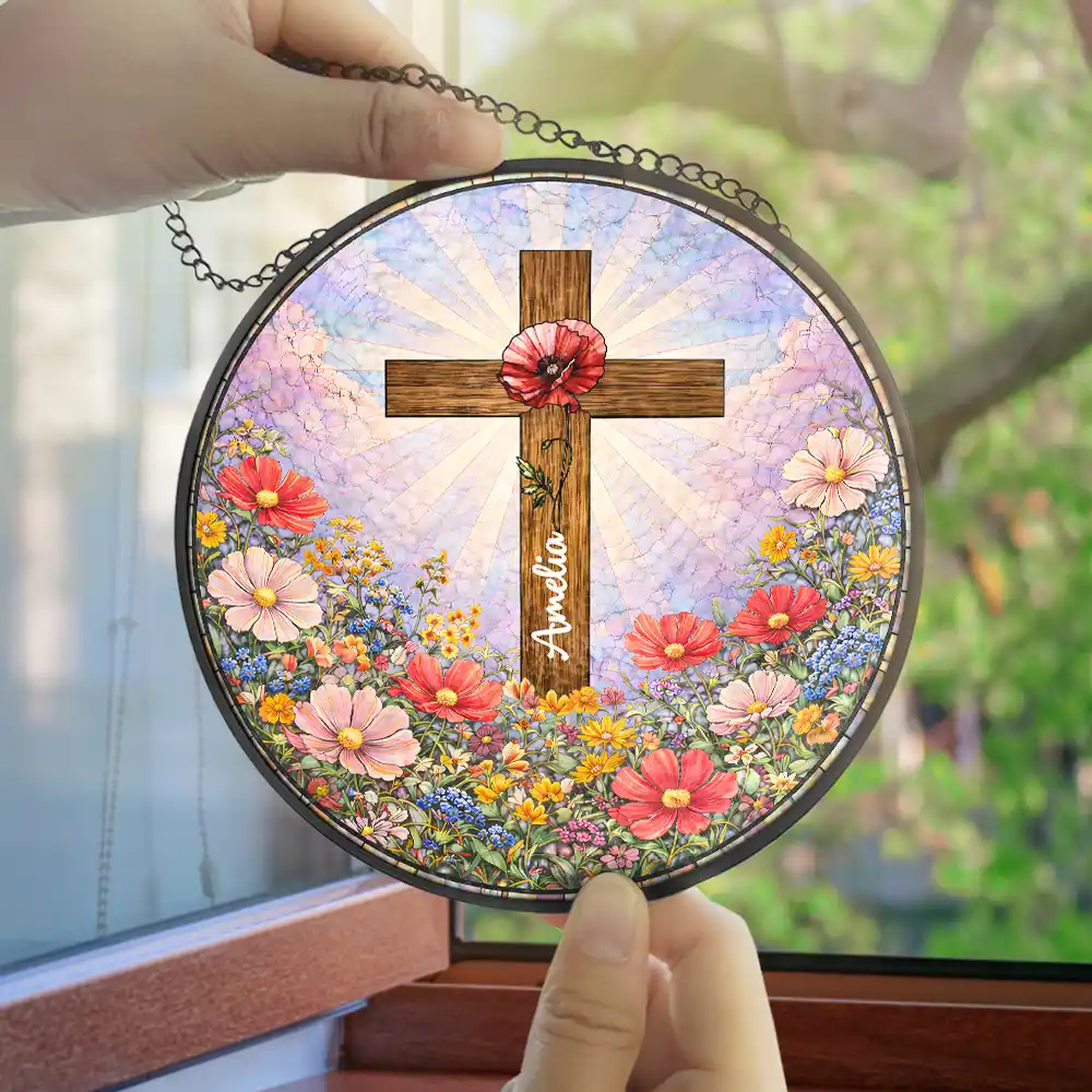 Christian Cross And Wildflowers - Personalized Stained Glass Window Hanging Suncatcher - Image 4