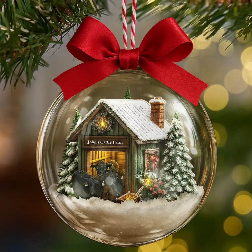 Christmas Barn Cattle Farm - Personalized 3D Acrylic Ball Ornament - Image 6