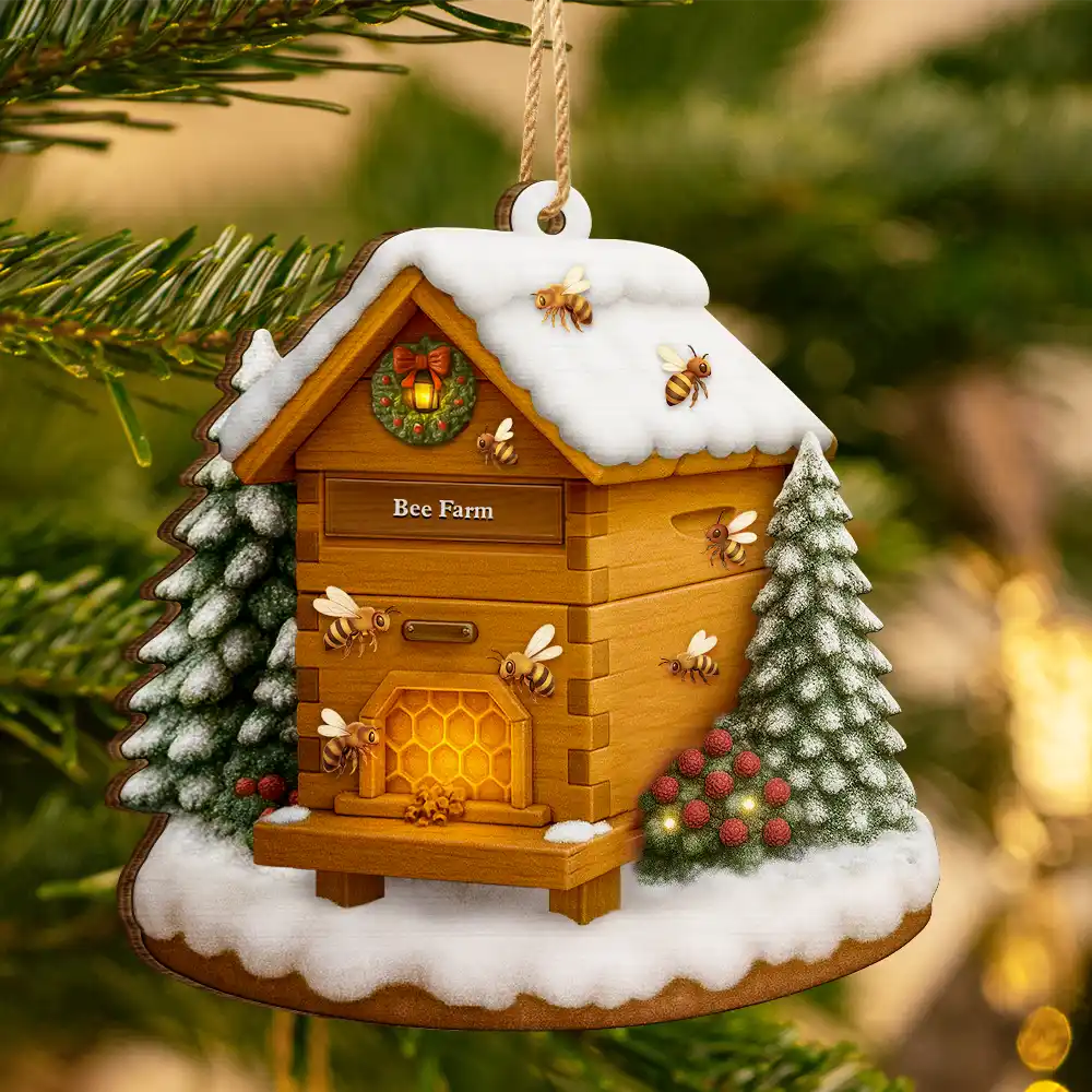 Christmas Bee Farm - Personalized Custom Shaped Wooden Ornament - Image 3