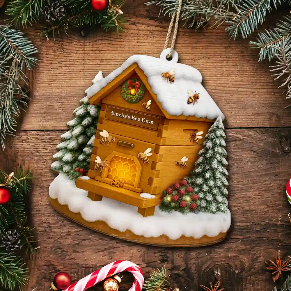 Christmas Bee Farm - Personalized Custom Shaped Wooden Ornament - Image 5