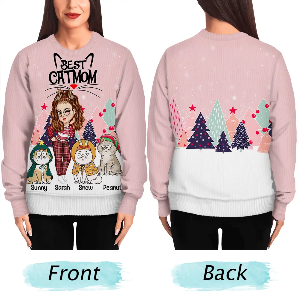 Christmas Best Cat Mom Funny Cartoon Cats - Personalized Unisex Ugly Sweater - Image 5