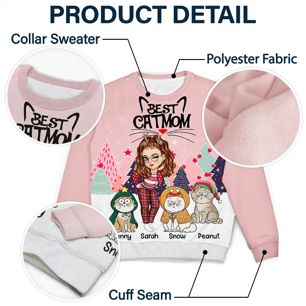 Christmas Best Cat Mom Funny Cartoon Cats - Personalized Unisex Ugly Sweater - Image 6