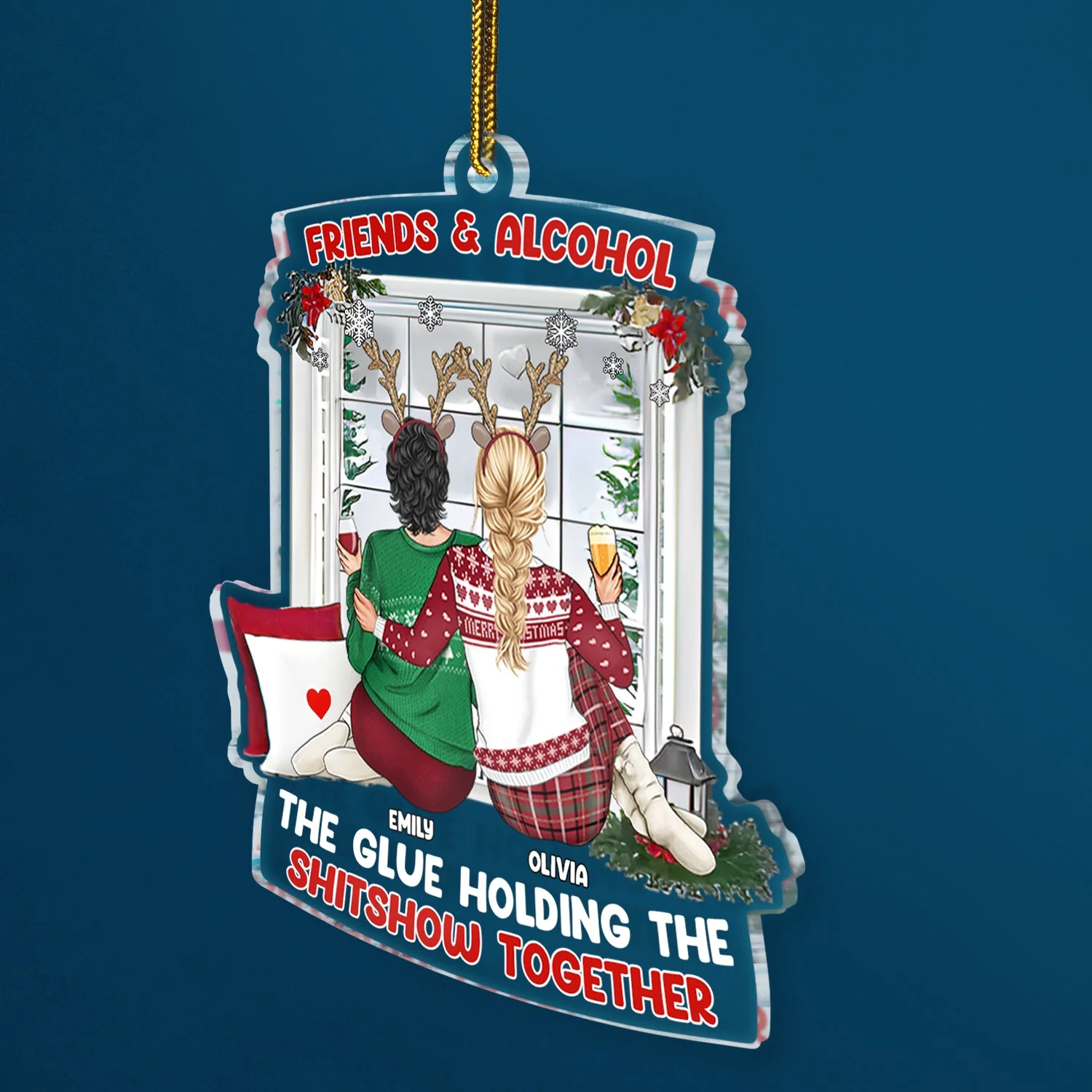 Christmas Bestie Back Side Friends & Alcohol - Gift For Bestie - Personalized Custom Shaped Acrylic Ornament - Image 2