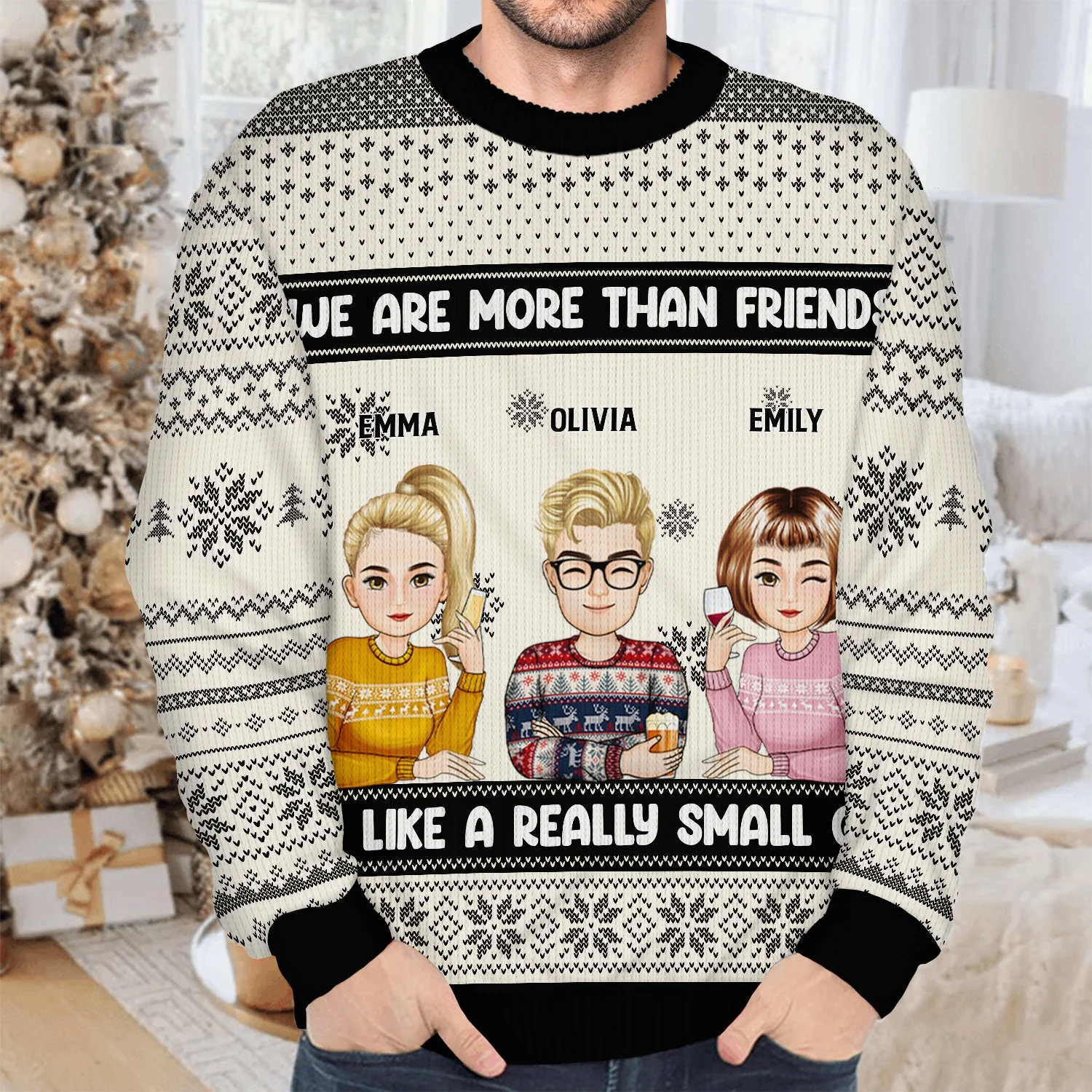 Christmas Bestie Cartoon Drinking Really Small Gang - Gift For Bestie - Personalized Unisex Ugly Sweater - Image 4
