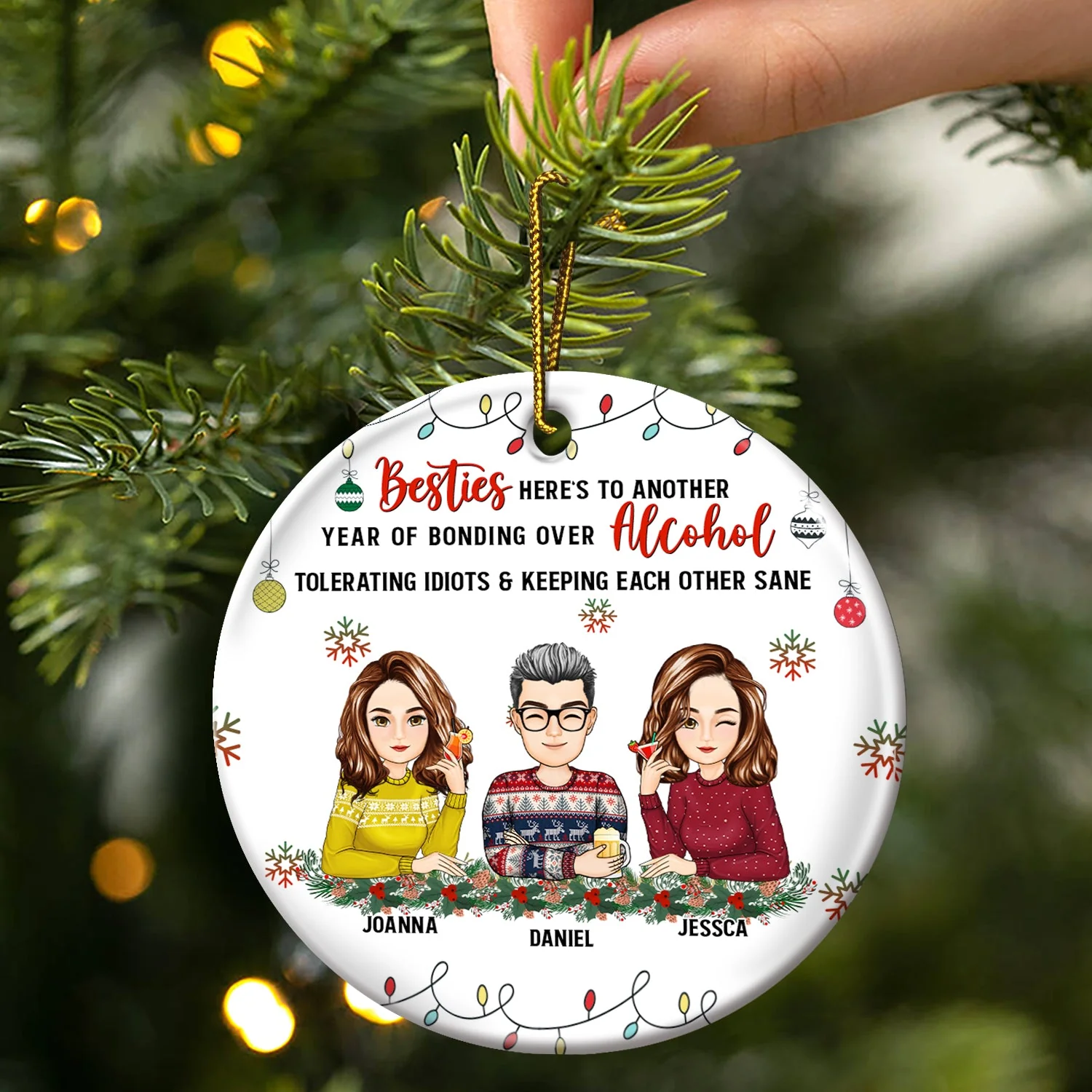 Christmas Bestie Drinking Here's To Another Year - Gift For Besties - Personalized Circle Ceramic Ornament - Image 3