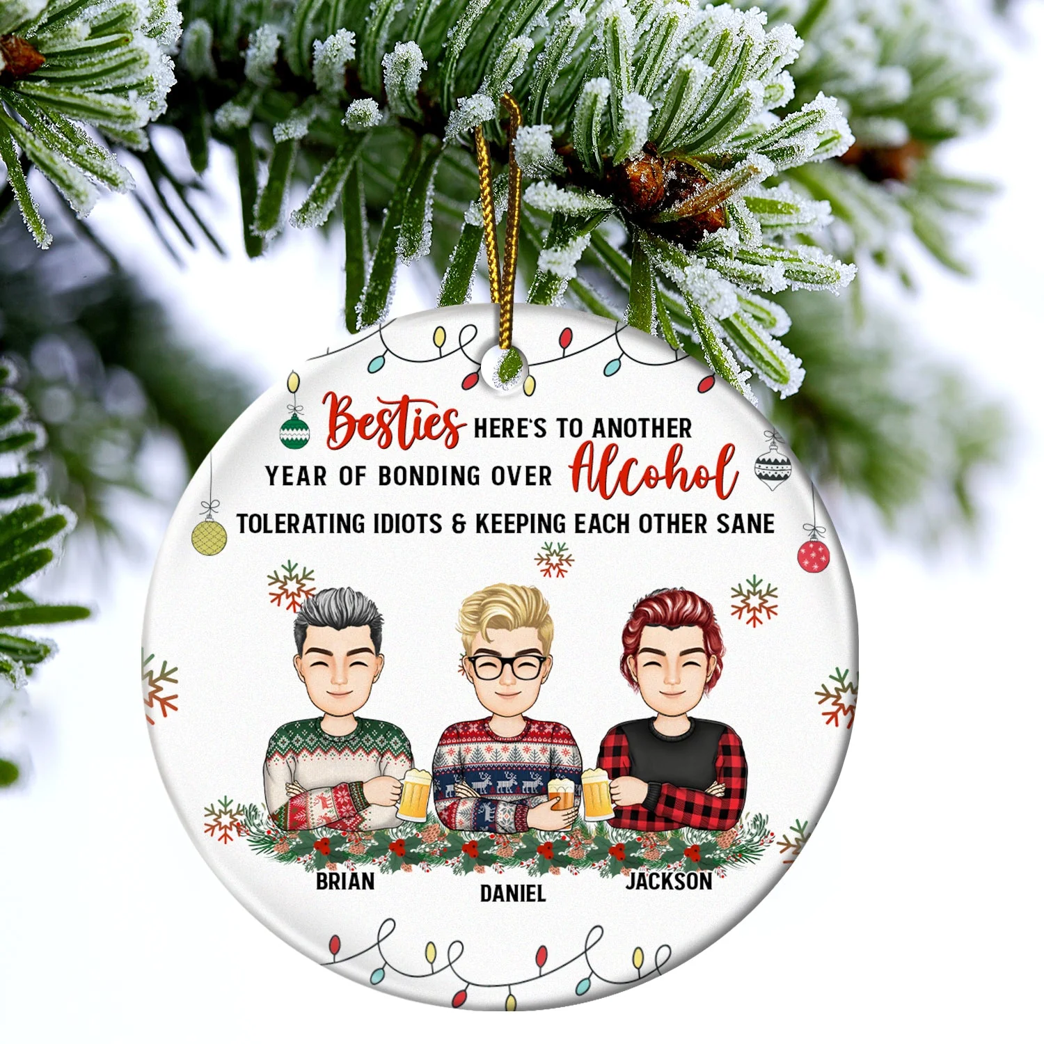 Christmas Bestie Drinking Here's To Another Year - Gift For Besties - Personalized Circle Ceramic Ornament - Image 4