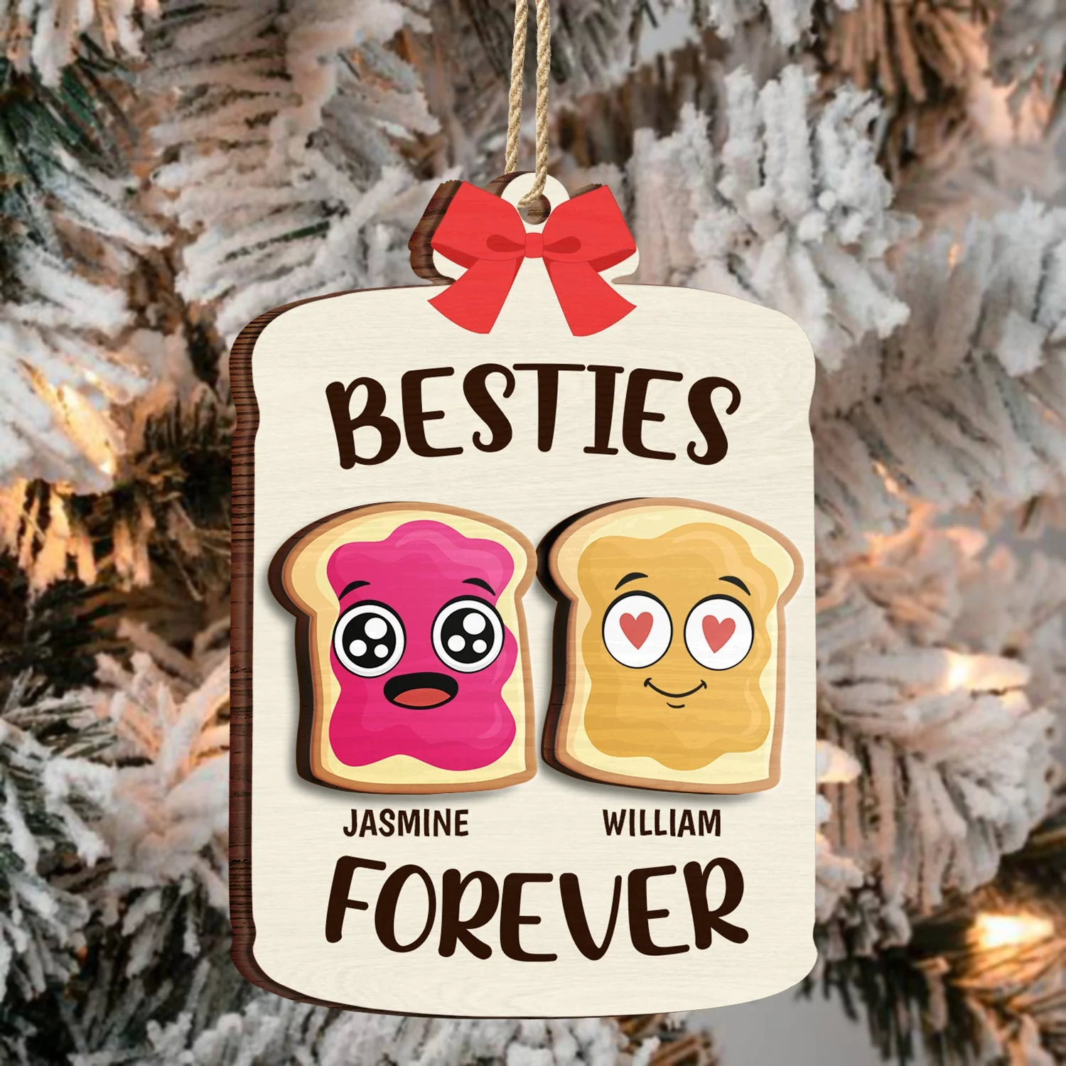 Christmas Bestie Forever Like Peanut Butter & Jelly - Gift For Bestie - Personalized 2-Layered Wooden Ornament - Image 3
