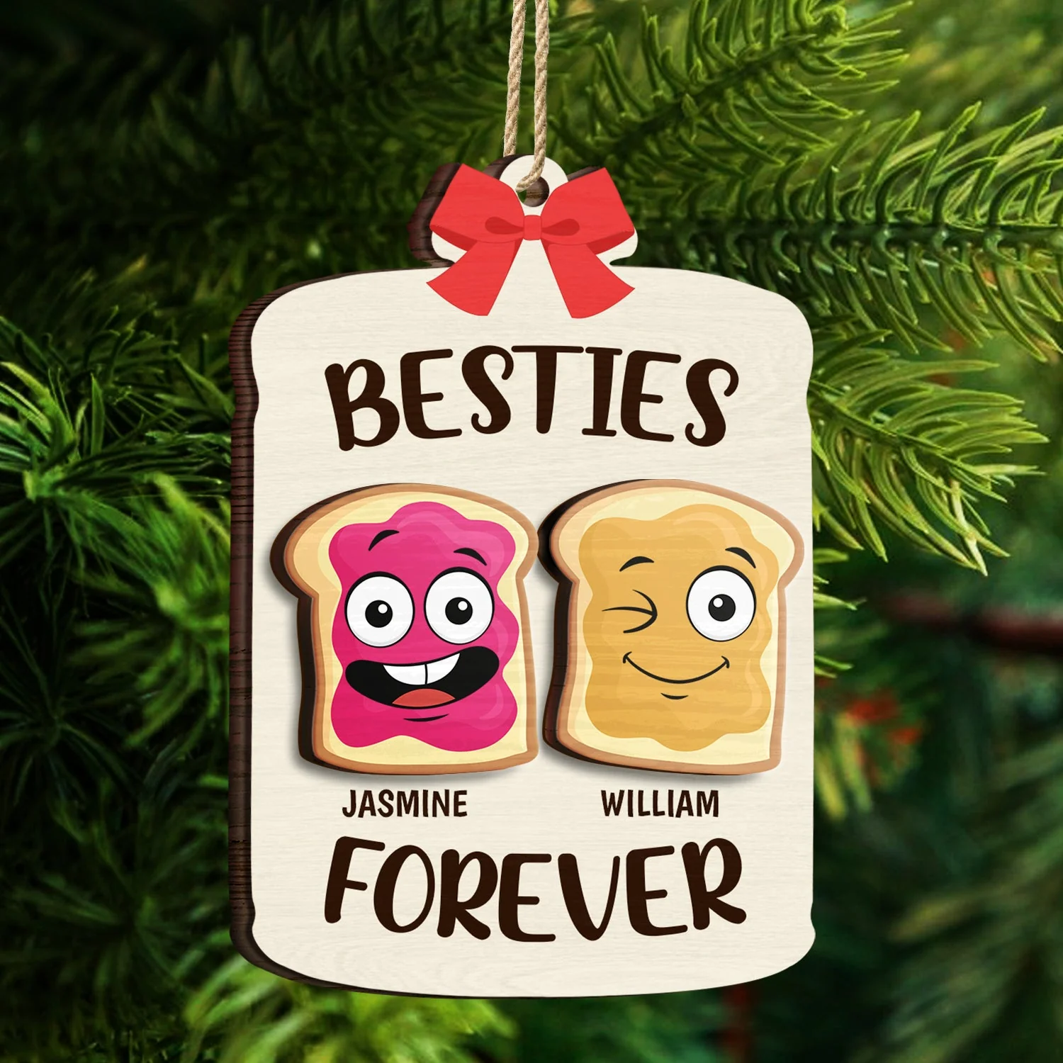 Christmas Bestie Forever Like Peanut Butter & Jelly - Gift For Bestie - Personalized 2-Layered Wooden Ornament - Image 4