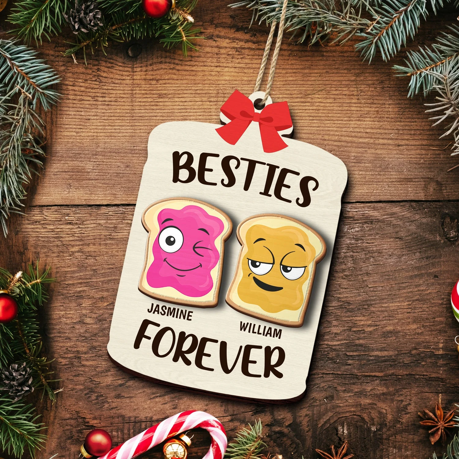 Christmas Bestie Forever Like Peanut Butter & Jelly - Gift For Bestie - Personalized 2-Layered Wooden Ornament - Image 5